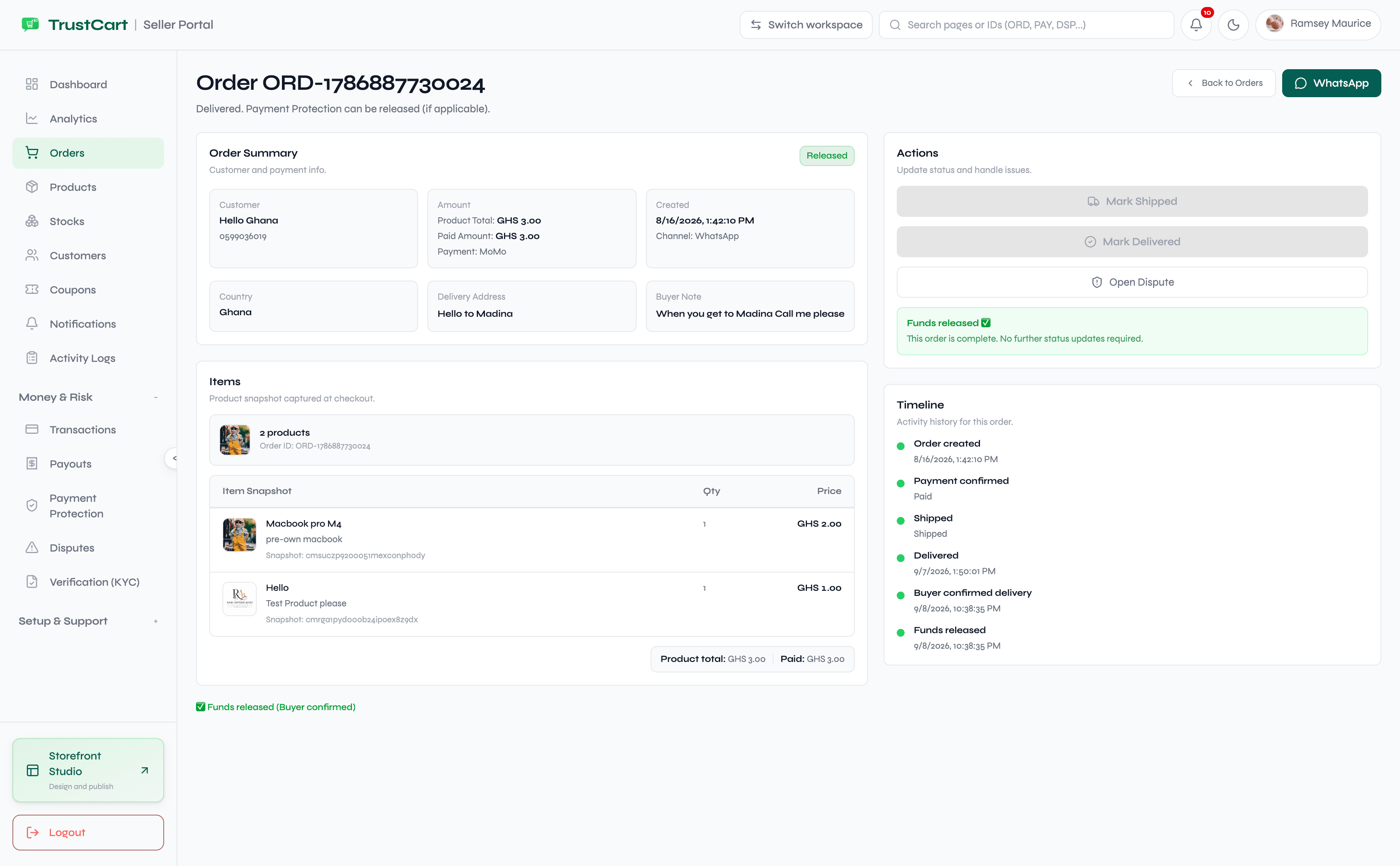 TrustCart seller order detail showing payment, fulfilment actions, products, and complete order timeline