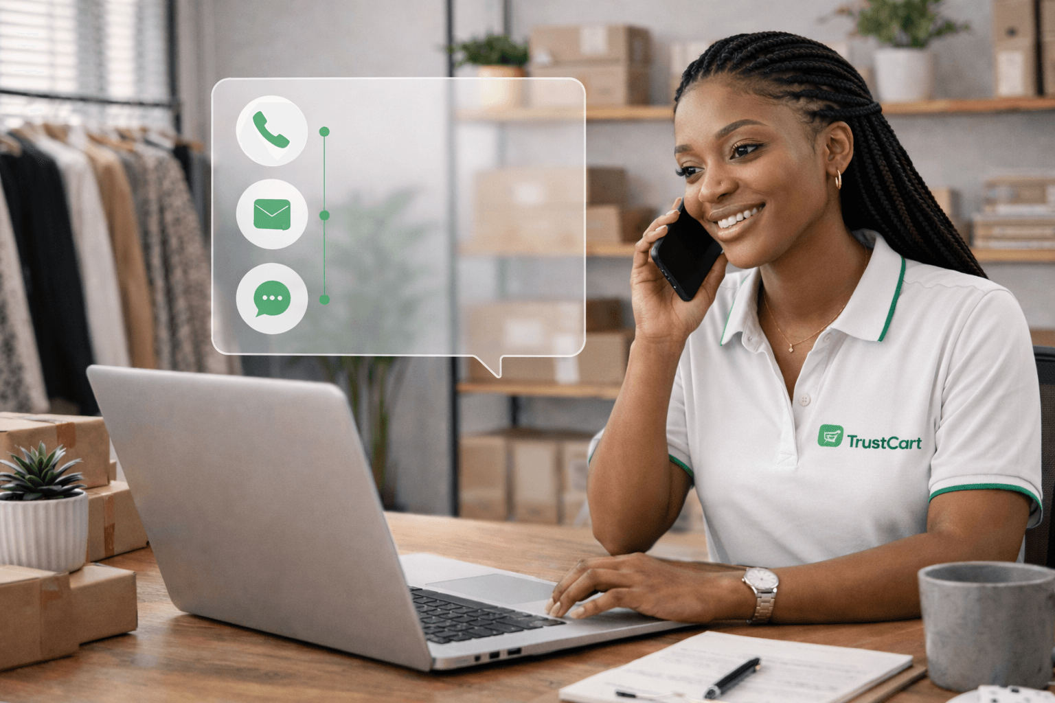 Contact page image showing a welcoming TrustCart support and sales conversation.